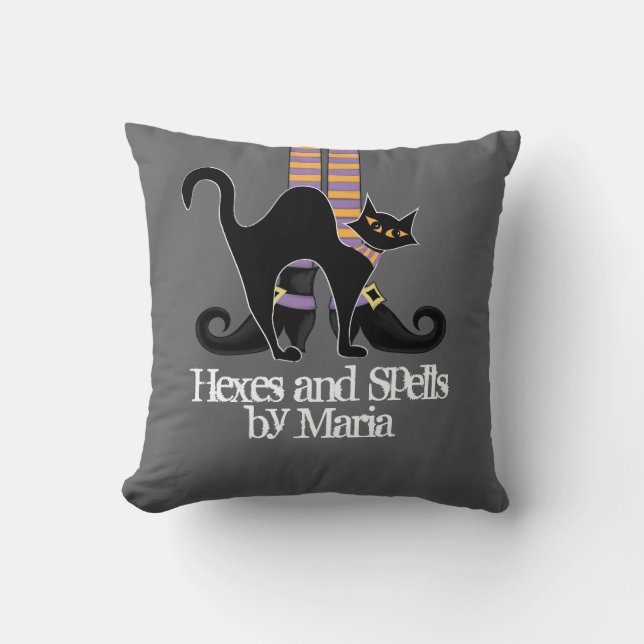 Halloween Simple Whimsical Witch Shoes Black Cat Cushion (Front)