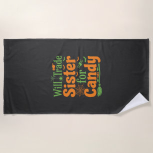 Halloween Sister Candy Trade Design_1 Beach Towel