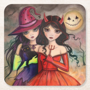 Halloween Sisters Trick or Treating Art Square Paper Coaster