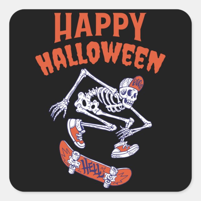 Halloween Skateboard Skeleton Square Sticker (Front)