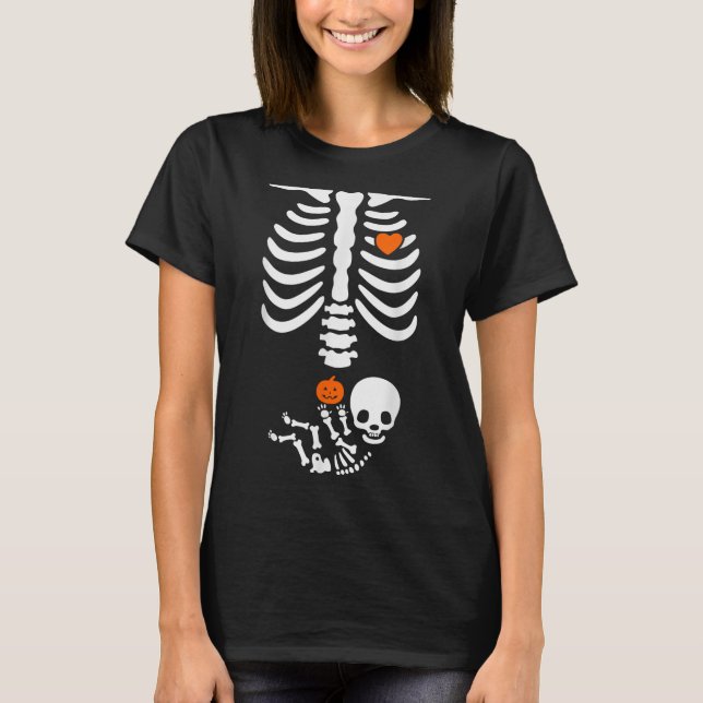 Halloween Skeleton Baby Rib Cage Pregnant Pumpkin  T-Shirt (Front)