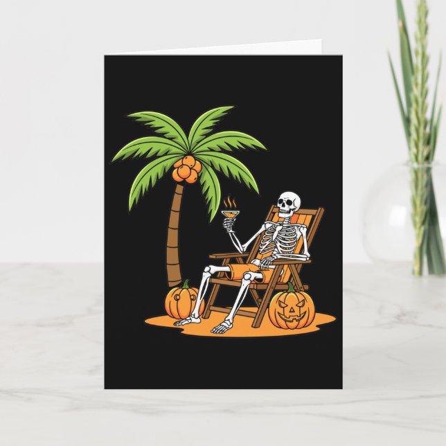 Halloween Skeleton Beach Vacation Palm Tree Pumpki Card (Front)