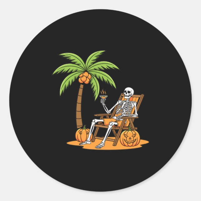 Halloween Skeleton Beach Vacation Palm Tree Pumpki Classic Round Sticker (Front)