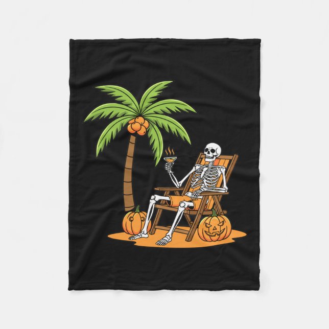 Halloween Skeleton Beach Vacation Palm Tree Pumpki Fleece Blanket (Front)
