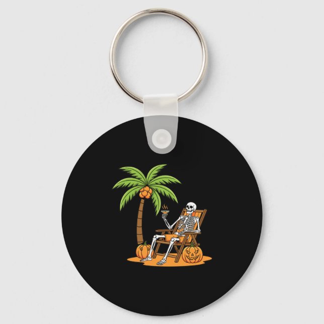 Halloween Skeleton Beach Vacation Palm Tree Pumpki Key Ring (Front)
