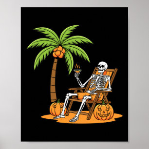 Halloween Skeleton Beach Vacation Palm Tree Pumpki Poster