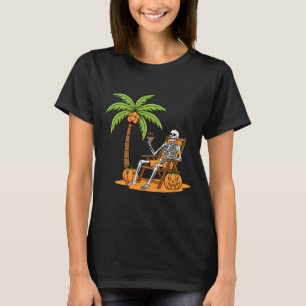 Halloween Skeleton Beach Vacation Palm Tree Pumpki T-Shirt