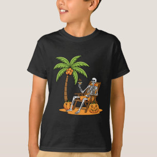 Halloween Skeleton Beach Vacation Palm Tree Pumpki T-Shirt