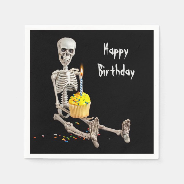Halloween Skeleton Birthday Cupcake On Black Napkin (Front)
