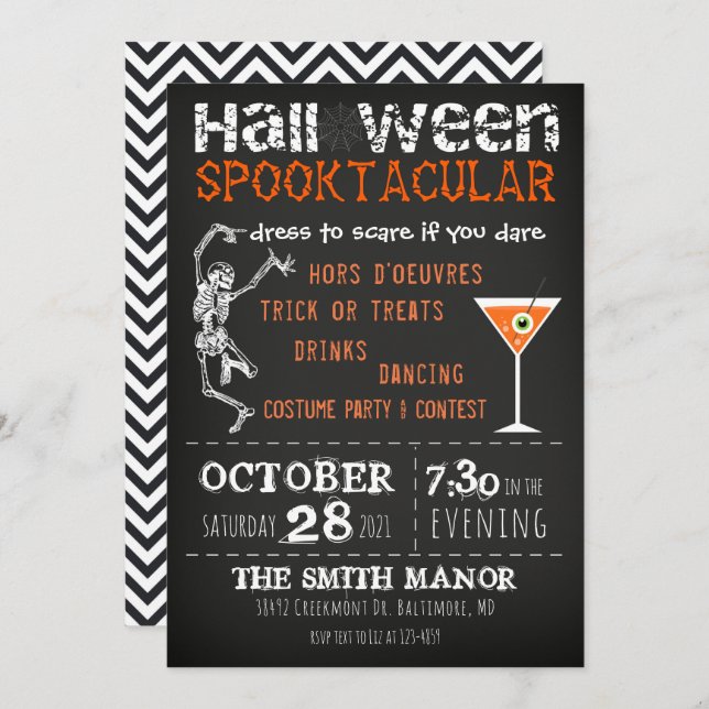 Halloween Skeleton Black Orange Party Invitation (Front/Back)