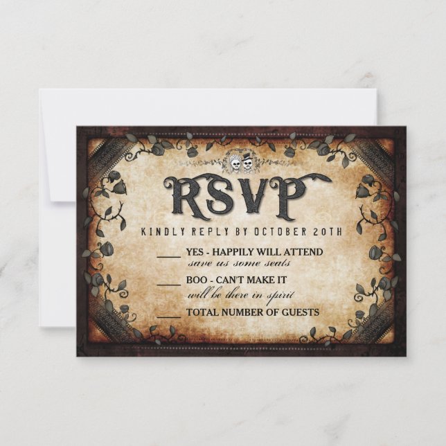 Halloween Skeleton Brown Gothic Wedding RSVP Card (Front)