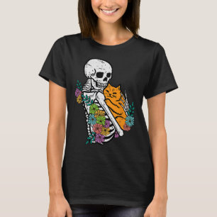 Halloween Skeleton Cat Hug Flowers Costume Women G T-Shirt