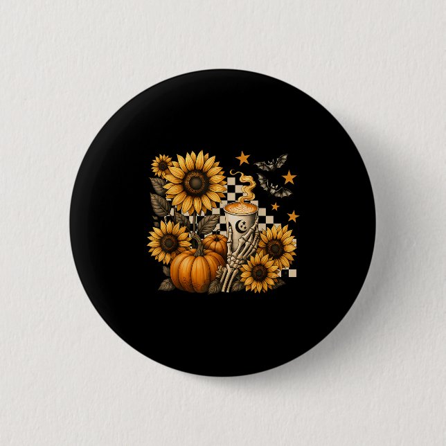 Halloween Skeleton Coffee, Soky Sunflowers Pumpkin 6 Cm Round Badge (Front)
