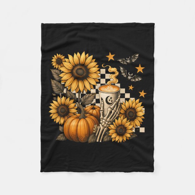 Halloween Skeleton Coffee, Soky Sunflowers Pumpkin Fleece Blanket (Front)
