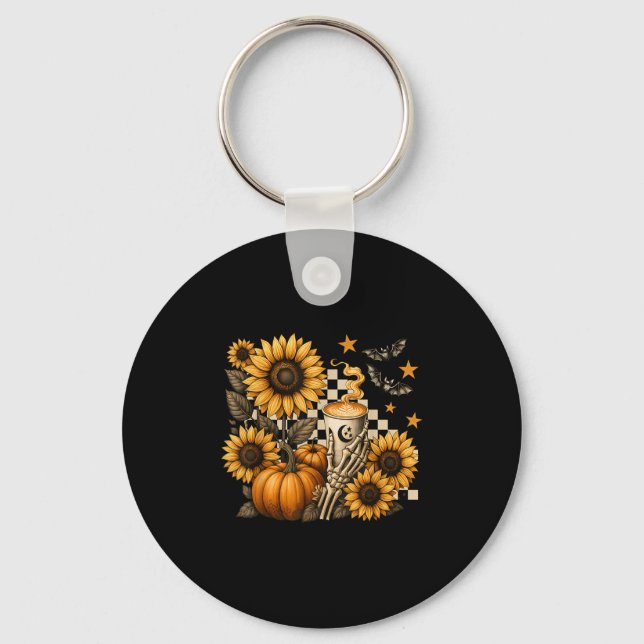 Halloween Skeleton Coffee, Soky Sunflowers Pumpkin Key Ring (Front)