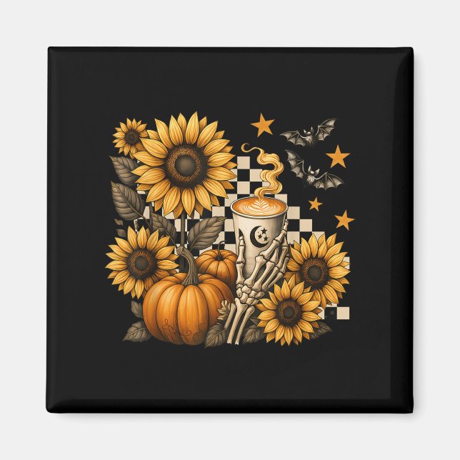 Halloween Skeleton Coffee, Soky Sunflowers Pumpkin Magnet (Front)