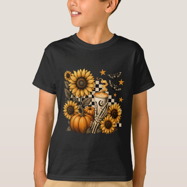 Halloween Skeleton Coffee, Soky Sunflowers Pumpkin T-Shirt (Front)