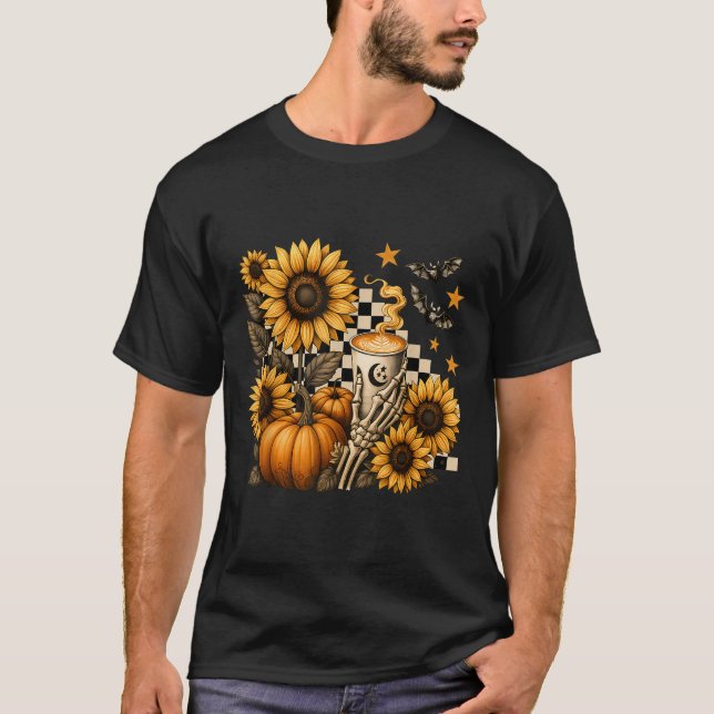 Halloween Skeleton Coffee, Soky Sunflowers Pumpkin T-Shirt (Front)