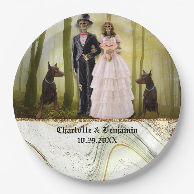 Halloween Skeleton Couple Gothic Wedding Paper Pla Paper Plate (Front)