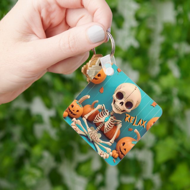 Halloween Skeleton Cute Pumpkin Orange Cyan Text Key Ring (Hand)
