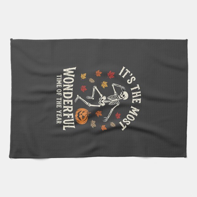 Halloween Skeleton Dance Pumpkin Fall Tea Towel (Horizontal)