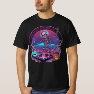 Halloween Skeleton DJ Spinning Records with Glow A T-Shirt