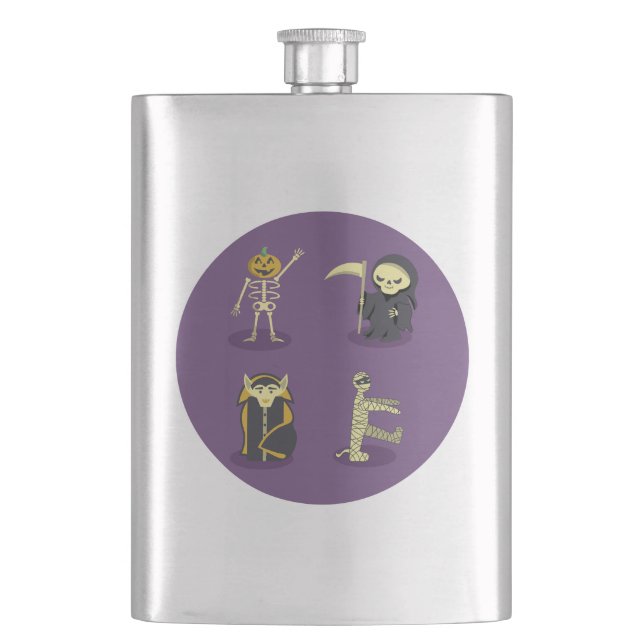 Halloween Skeleton Dracula Mummy Grim Reaper Hip Flask (Front)