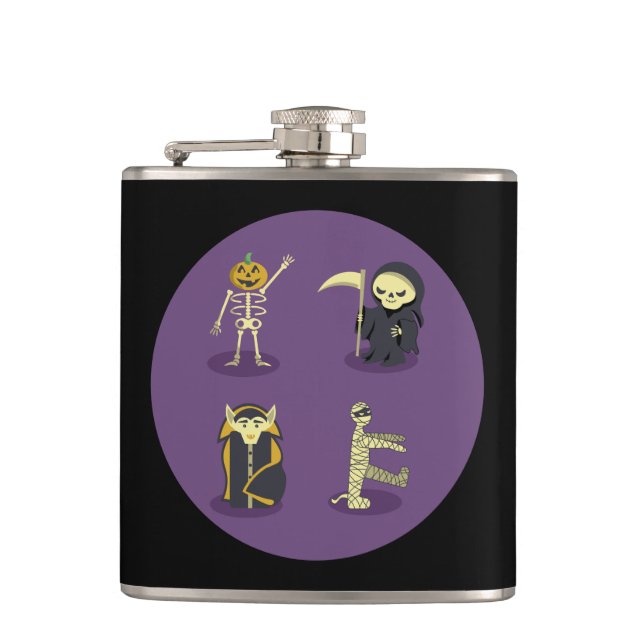 Halloween Skeleton Dracula Mummy Grim Reaper Hip Flask (Front)