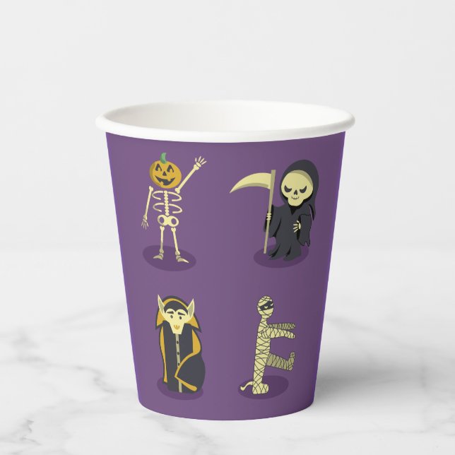Halloween Skeleton Dracula Mummy Grim Reaper Paper Cups (Front)