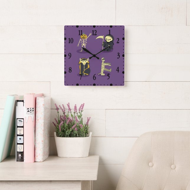 Halloween Skeleton Dracula Mummy Grim Reaper Square Wall Clock (Reading Room)