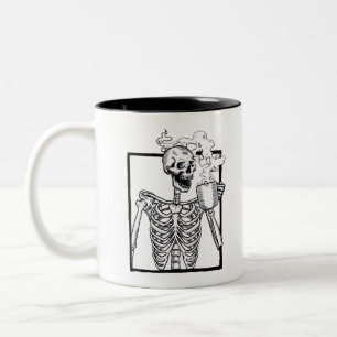 halloween skeleton drinking coffee funny Two-Tone coffee mug