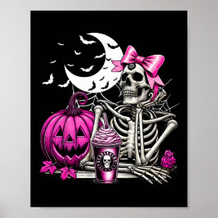 Halloween Skeleton Drinking Coffee Pink Coquette B Poster