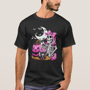 Halloween Skeleton Drinking Coffee Pink Coquette B T-Shirt