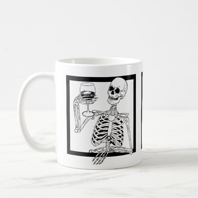 halloween skeleton drinking wine skull funny coffee mug (Left)