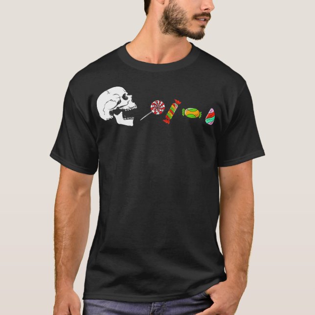 Halloween Skeleton Eats Candy, Funny Halloween Sup T-Shirt (Front)