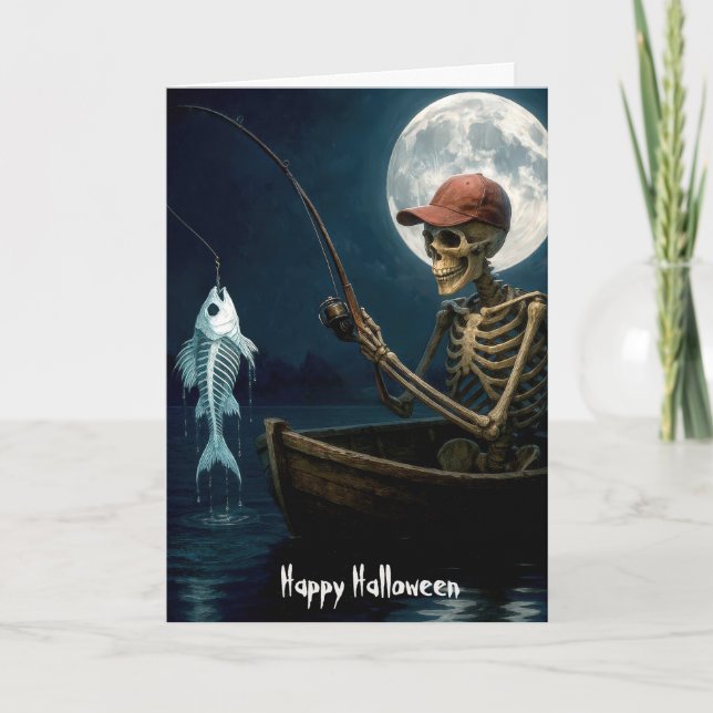 Halloween Skeleton Fishing In a Wooden Rowboat Card (Front)