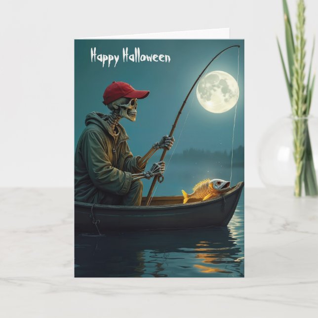Halloween Skeleton Fishing In a Wooden Rowboat Card (Front)