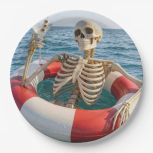 Halloween Skeleton Floating in a Lifebuoy Paper Plate