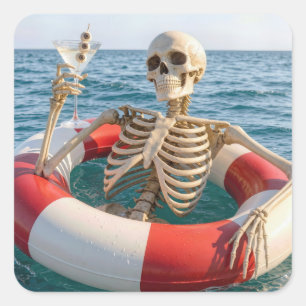 Halloween Skeleton Floating in a Lifebuoy Square Sticker