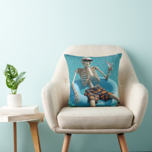 Halloween Skeleton Floating in a Swimming Pool Cushion