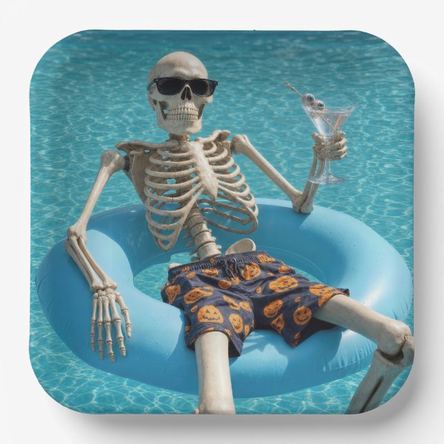 Halloween Skeleton Floating in a Swimming Pool Paper Plate (Front)