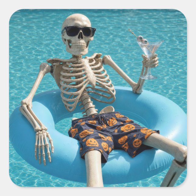 Halloween Skeleton Floating in a Swimming Pool Square Sticker (Front)