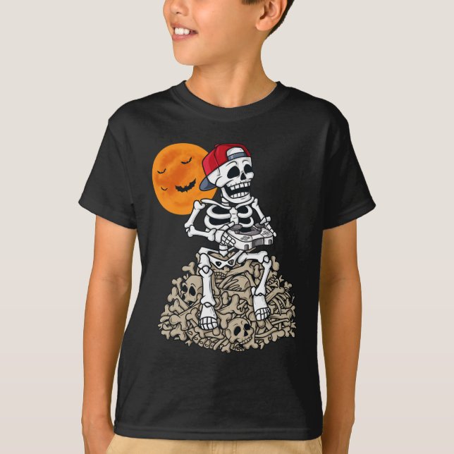Halloween Skeleton Gamer Boys Kids Teens Gaming 1 T-Shirt (Front)