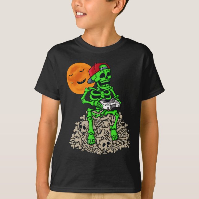 Halloween Skeleton Gamer Boys Kids Teens Gaming  T-Shirt (Front)