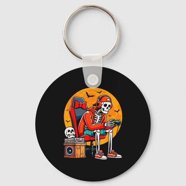 Halloween Skeleton Gamer Funny Video Gaming Hallow Key Ring (Front)