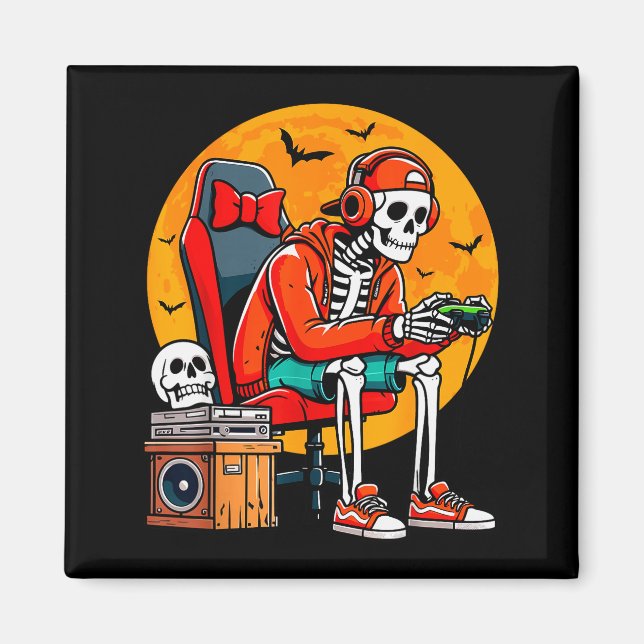 Halloween Skeleton Gamer Funny Video Gaming Hallow Magnet (Front)