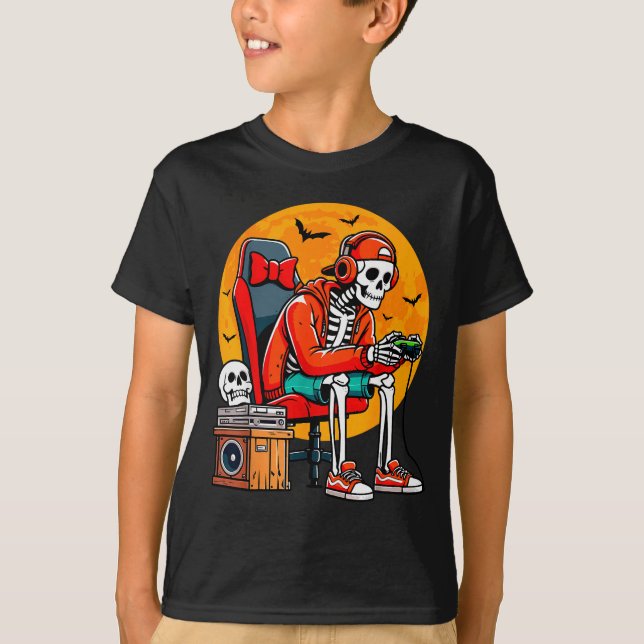 Halloween Skeleton Gamer Funny Video Gaming Hallow T-Shirt (Front)