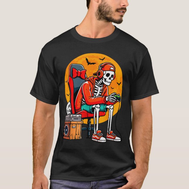 Halloween Skeleton Gamer Funny Video Gaming Hallow T-Shirt (Front)