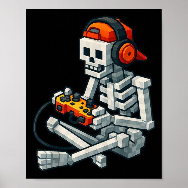 Halloween Skeleton Gamer Pixel Video Gaming Boys M Poster (Front)