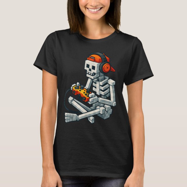 Halloween Skeleton Gamer Pixel Video Gaming Boys M T-Shirt (Front)